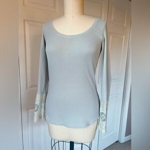 Free People Lovely Lady Lace Cuff Embroidered Thermal Long Sleeve Top in Sage